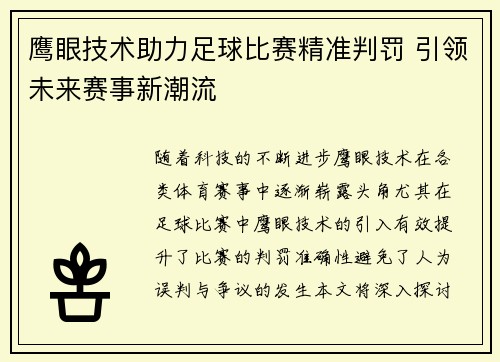 鹰眼技术助力足球比赛精准判罚 引领未来赛事新潮流